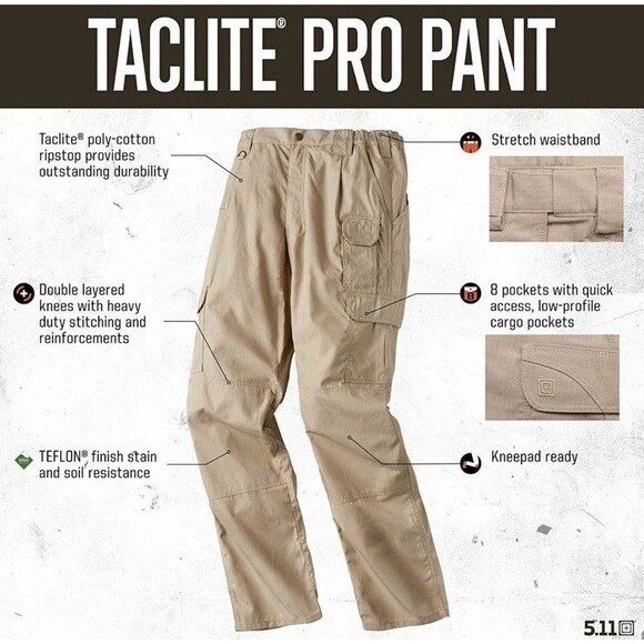 5.11 Tactical Mens Taclite Pro Lightweight Performance Pants 40x34 Khaki 74273 - Picture 16 of 16